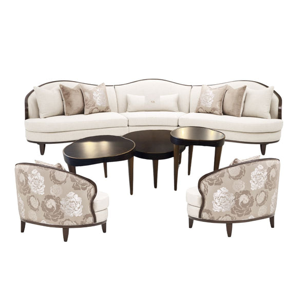 CAMELLIA FIELD SOFA, 3 PIECE NESTING TABLES, AND TWO CHAIRS