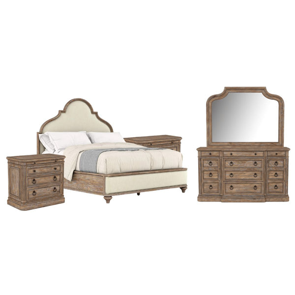 ARCHITRAVE KING BED, DRESSER, MIRROR, AND TWO NIGHTSTANDS