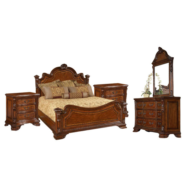 OLD WORLD KING BED, DRESSER, MIRROR, AND TWO NIGHTSTANDS SET