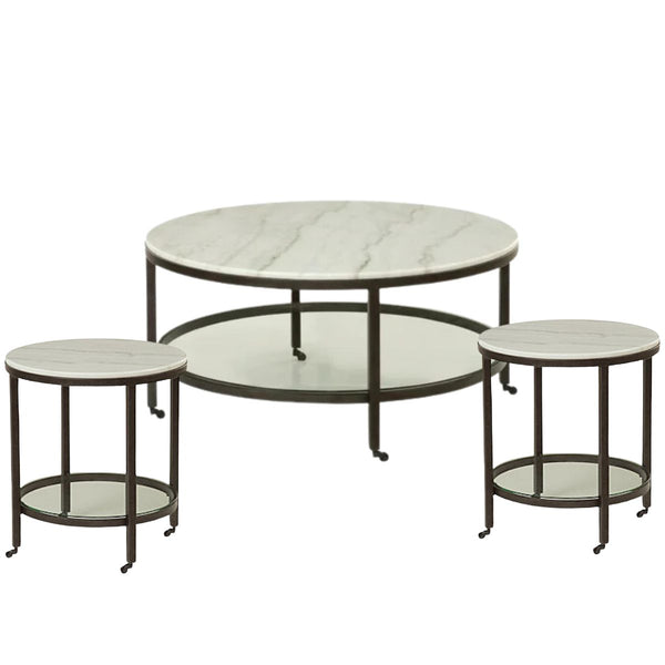 BASSETT WHITMAN ROUND COFFEE TABLE AND TWO END TABLES